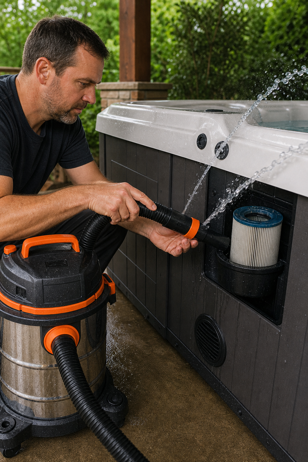 A person using a wet/dry shop vac in blow mode to force air into the filter housing of a hot tub, with water spraying out of jets. Alt: Blowing out hot tub plumbing lines with shop vac