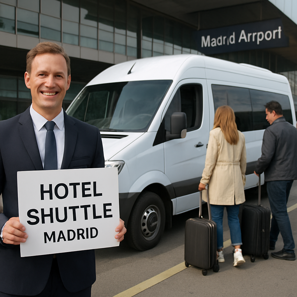 A friendly driver holding a sign with the hotel name, passengers loading luggage onto a modern minibus. Alt: hotel shuttle madrid airport arrival scene.