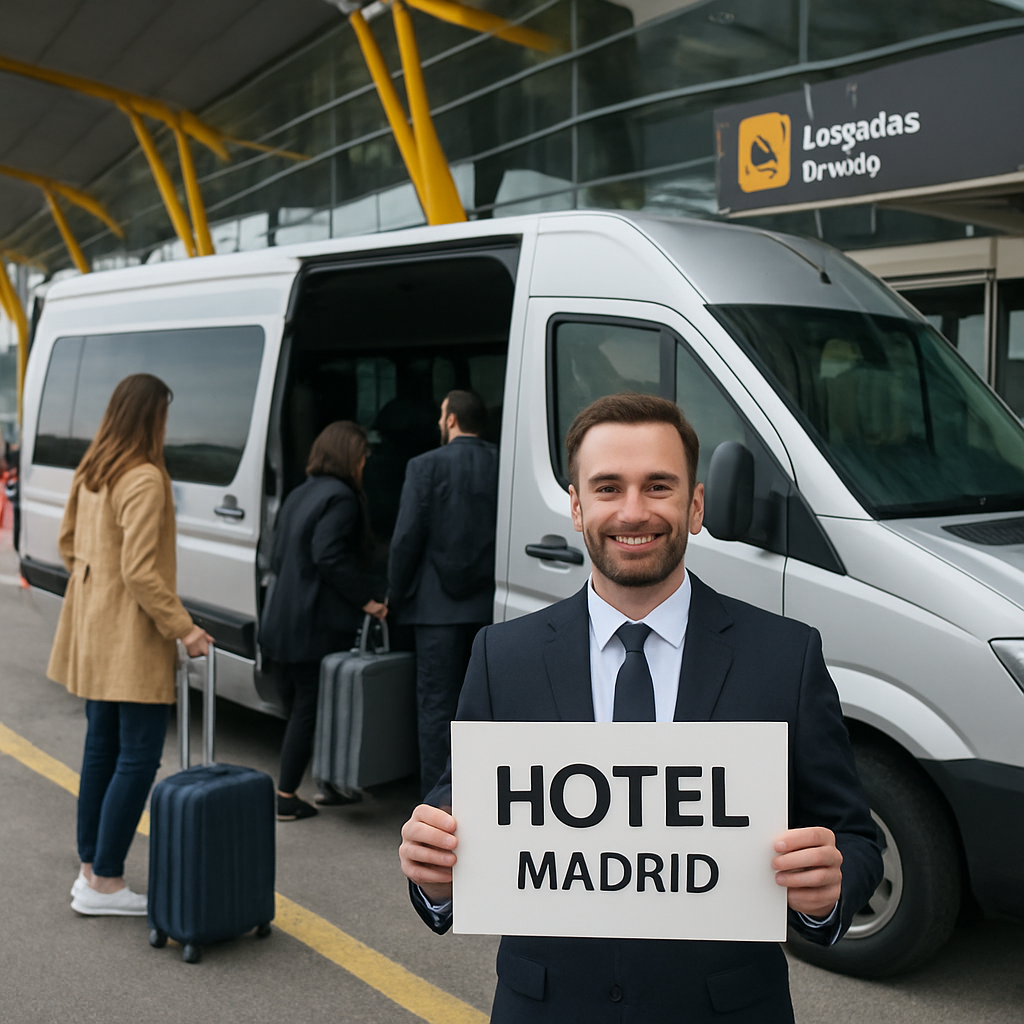 A friendly driver holding a sign with the hotel name at Madrid Barajas arrivals curb, passengers loading luggage into a modern minibus. Alt: hotel shuttle madrid airport arrival scene with driver and passengers.
