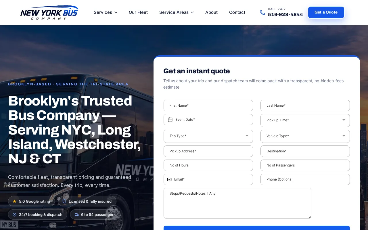 Screenshot of the New York Bus Company website