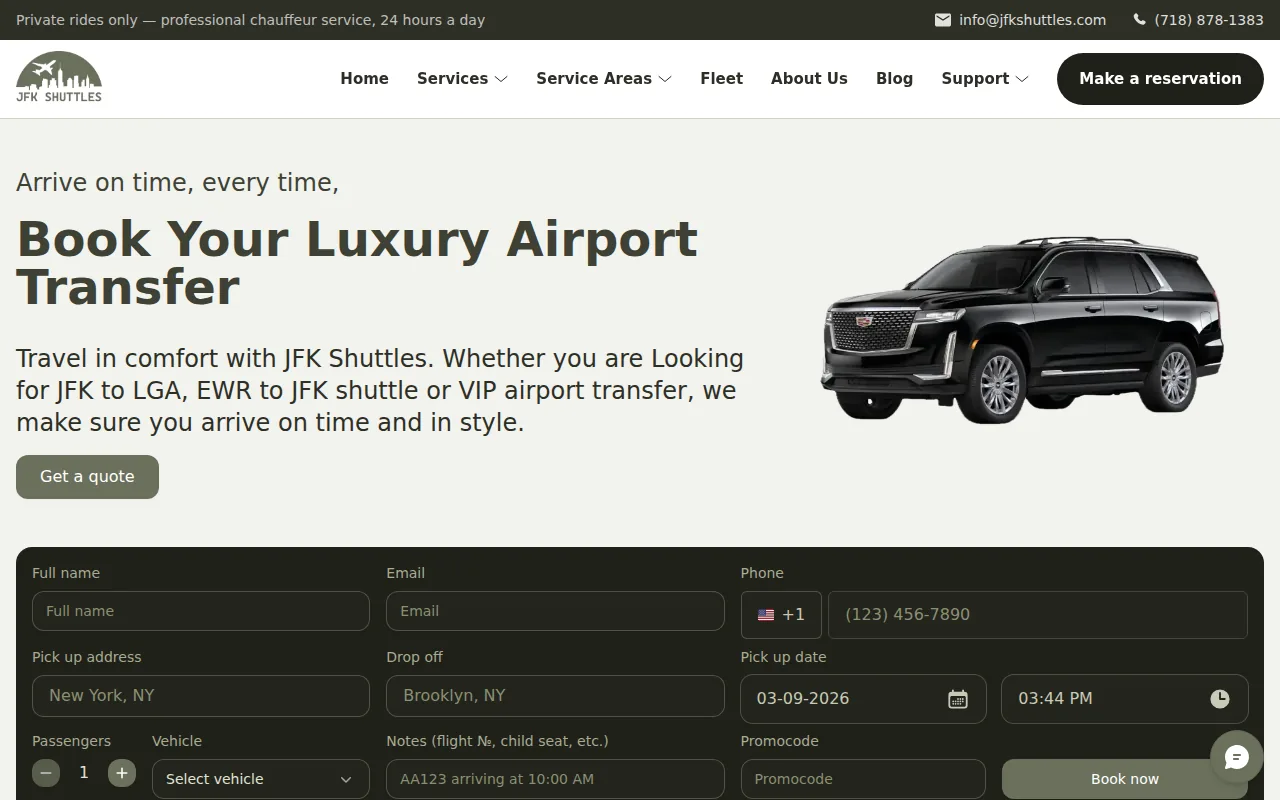 Screenshot of the JFK Shuttles website