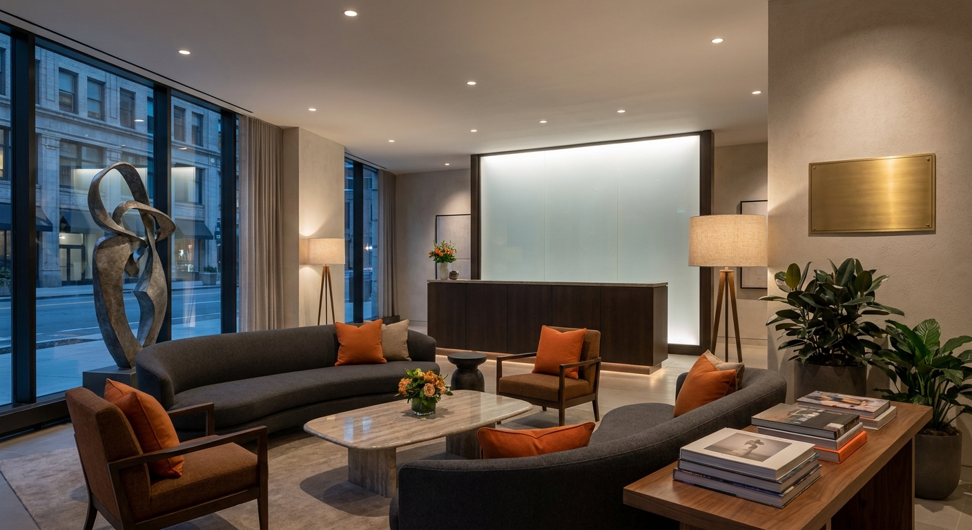 A high‑resolution, realistic rendering of a boutique hotel lobby with sleek modern furniture, warm lighting, and elegant signage. Alt: boutique hotel lobby design inspiration