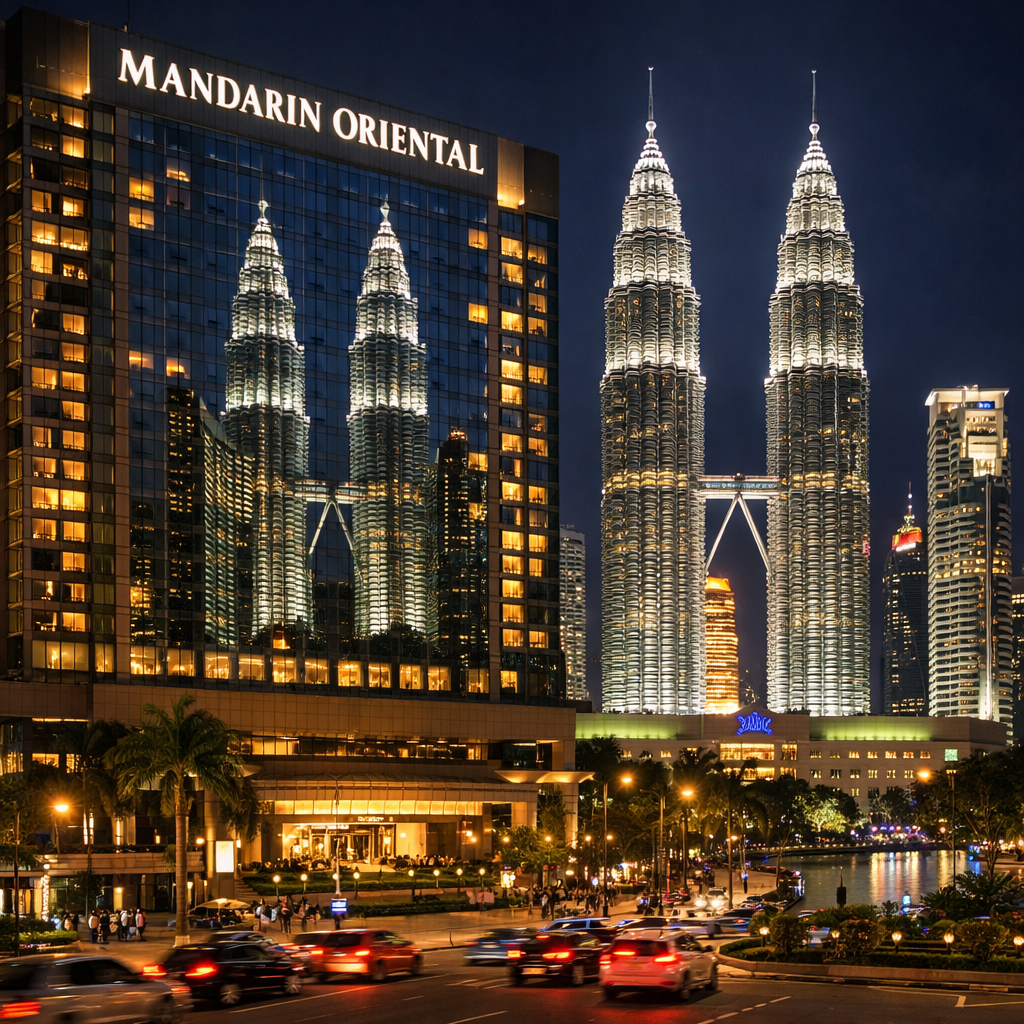 A realistic night view of the Mandarin Oriental Kuala Lumpur with the Petronas Towers reflected in its glass façade, showing elegant lighting and a bustling cityscape. Alt: Mandarin Oriental KL night view near KLCC