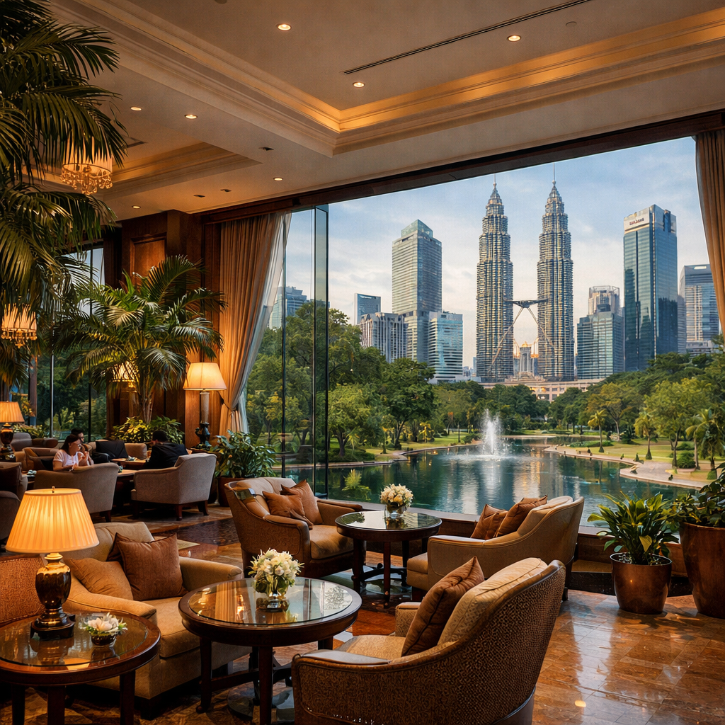 Realistic interior of Shangri‑La Hotel Kuala Lumpur lounge with tropical plants, soft lighting and a view of the KLCC park, showcasing a calm, luxurious setting. Alt: Shangri‑La KL lounge near KLCC