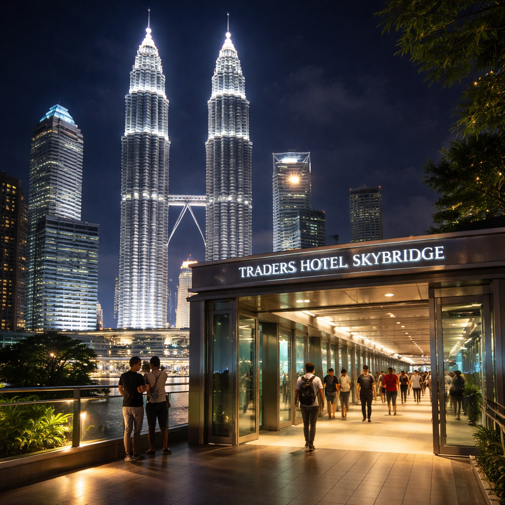 Top 6 Hotels Near Petronas Towers for 2026 Travelers 3 A realistic view of Traders Hotel skybridge at night, showing the Petronas Towers in the background, realistic style, alt: skybridge access near Petronas Towers