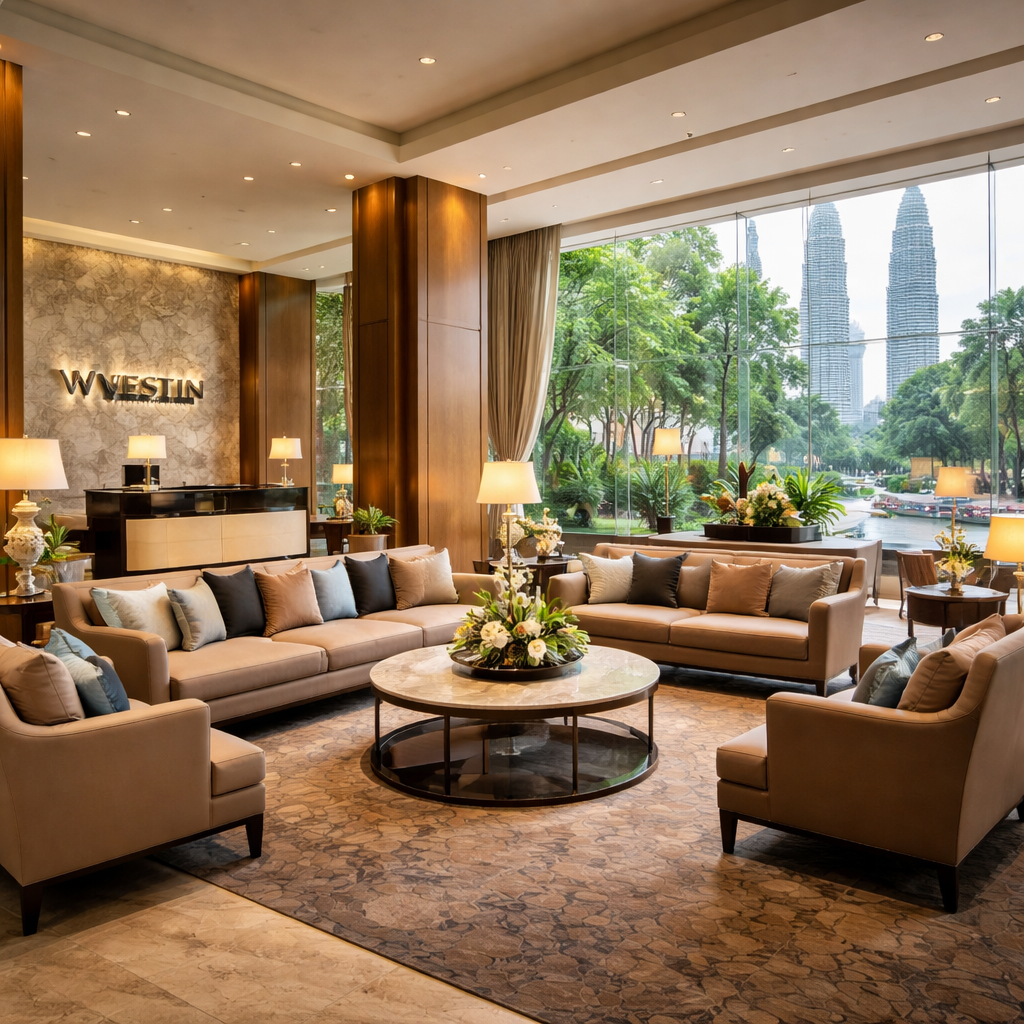 Top 6 Hotels Near Petronas Towers for 2026 Travelers 4 A realistic interior of The Westin Kuala Lumpur lobby with natural lighting and a comfortable seating area, realistic style, alt: classic comfort hotel near Petronas Towers