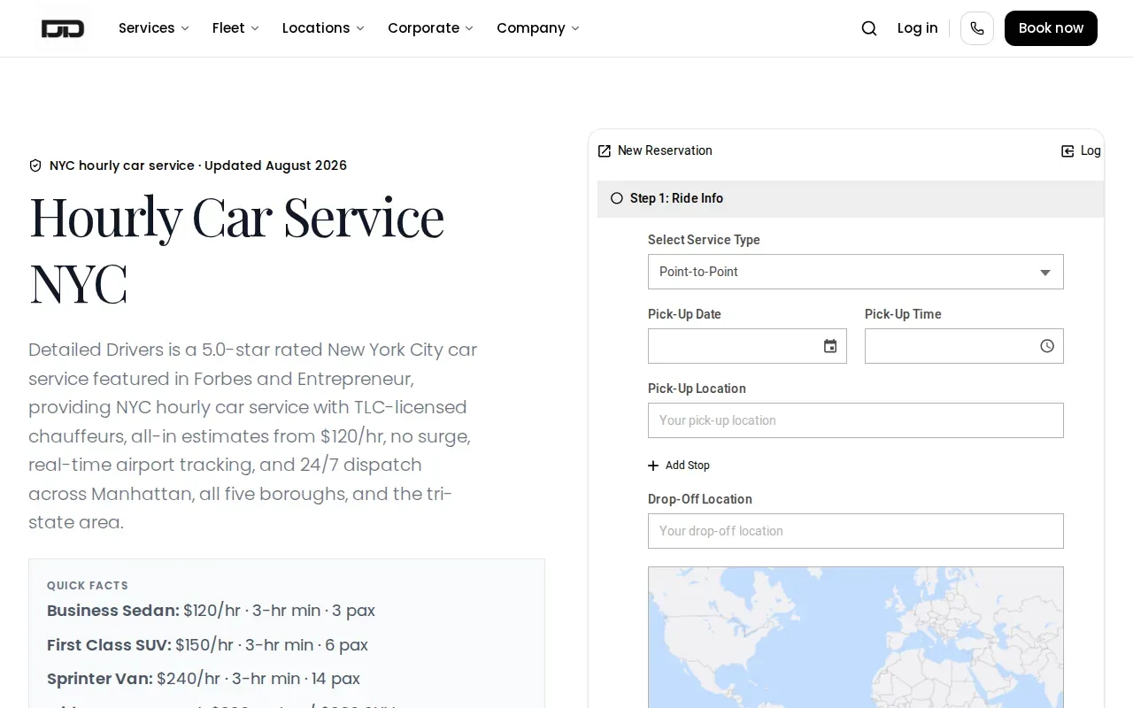 Screenshot of the Hourly Car Service NYC by Detailed Drivers website
