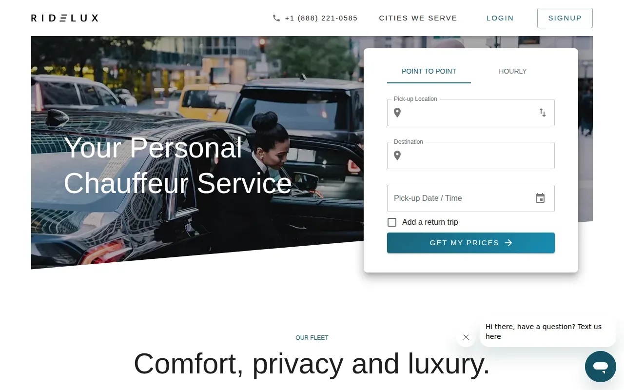 Screenshot of the Ridelux website
