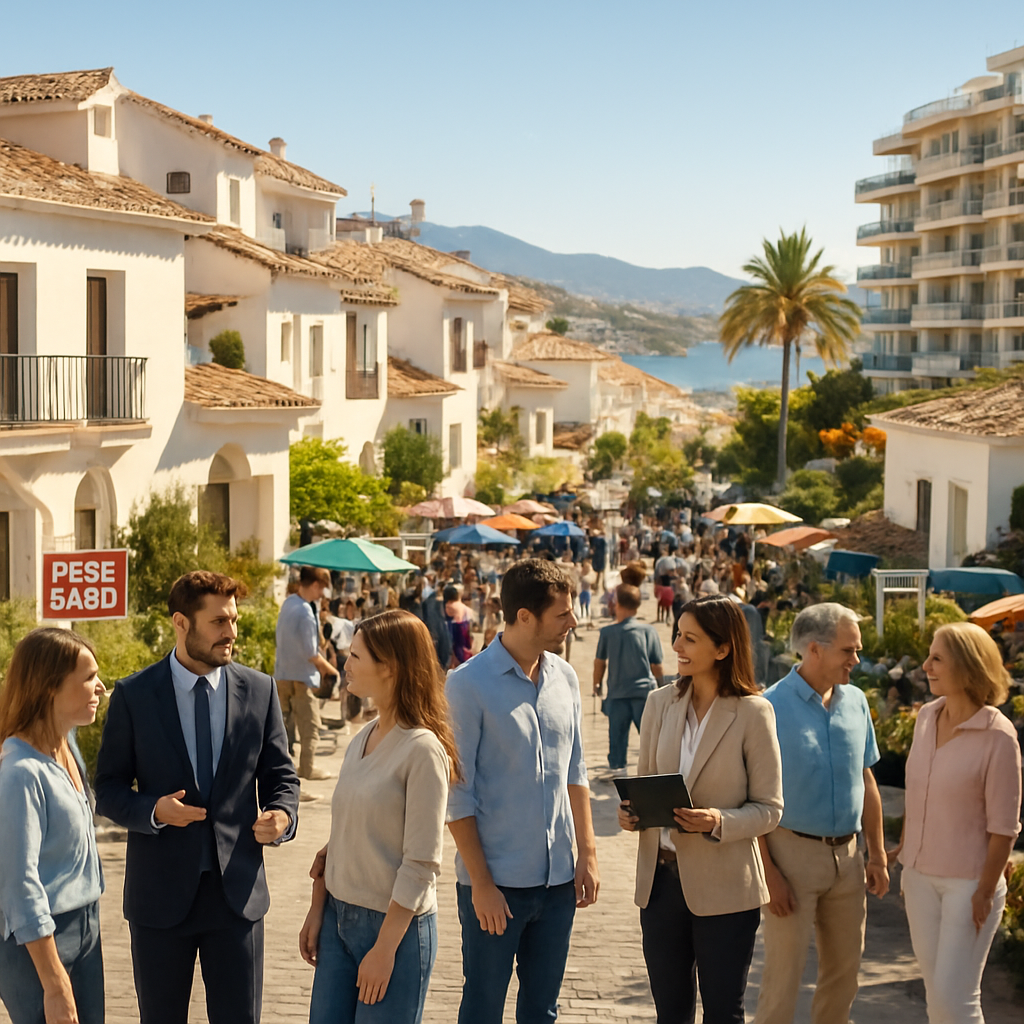 A sun‑lit coastal town on the Costa del Sol with a mix of traditional white villas and modern apartments, showcasing a bustling market scene with buyers and agents chatting. Alt: Houses for sale Costa del Sol market overview