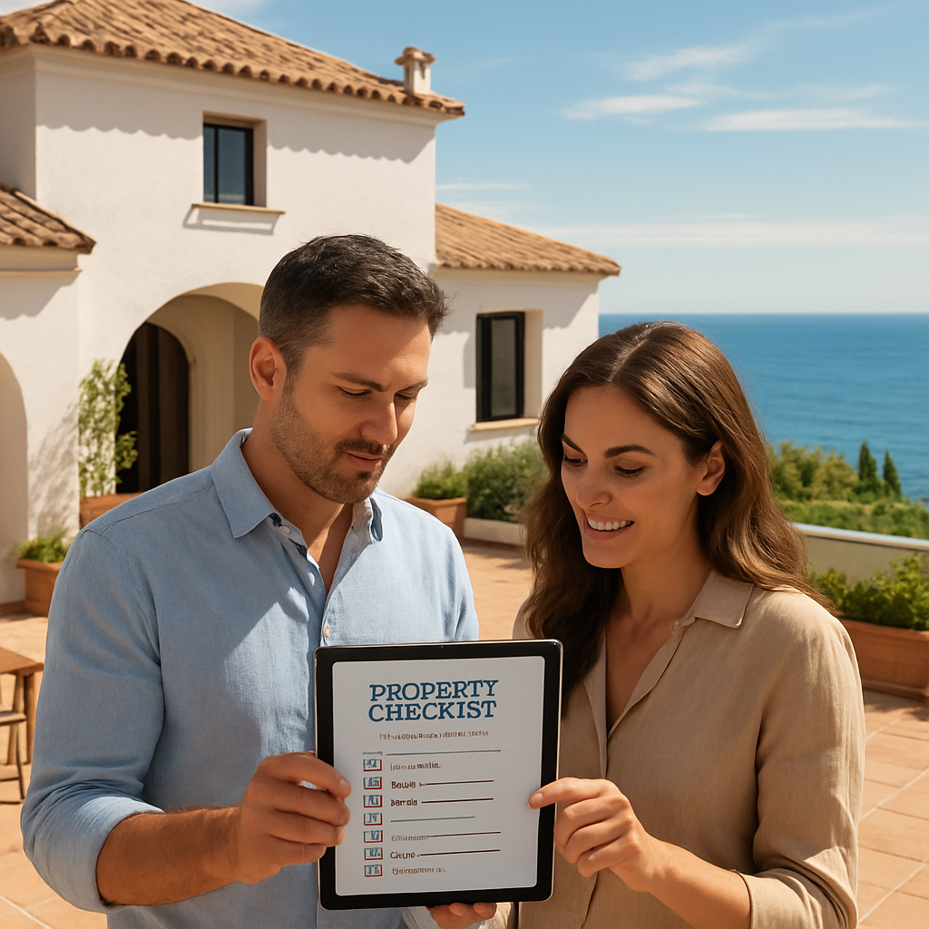 A sun‑lit patio with a modern Spanish villa, a couple reviewing a property checklist on a tablet, and the Mediterranean sea in the background. Alt: houses for sale Costa del Sol viewing checklist image
