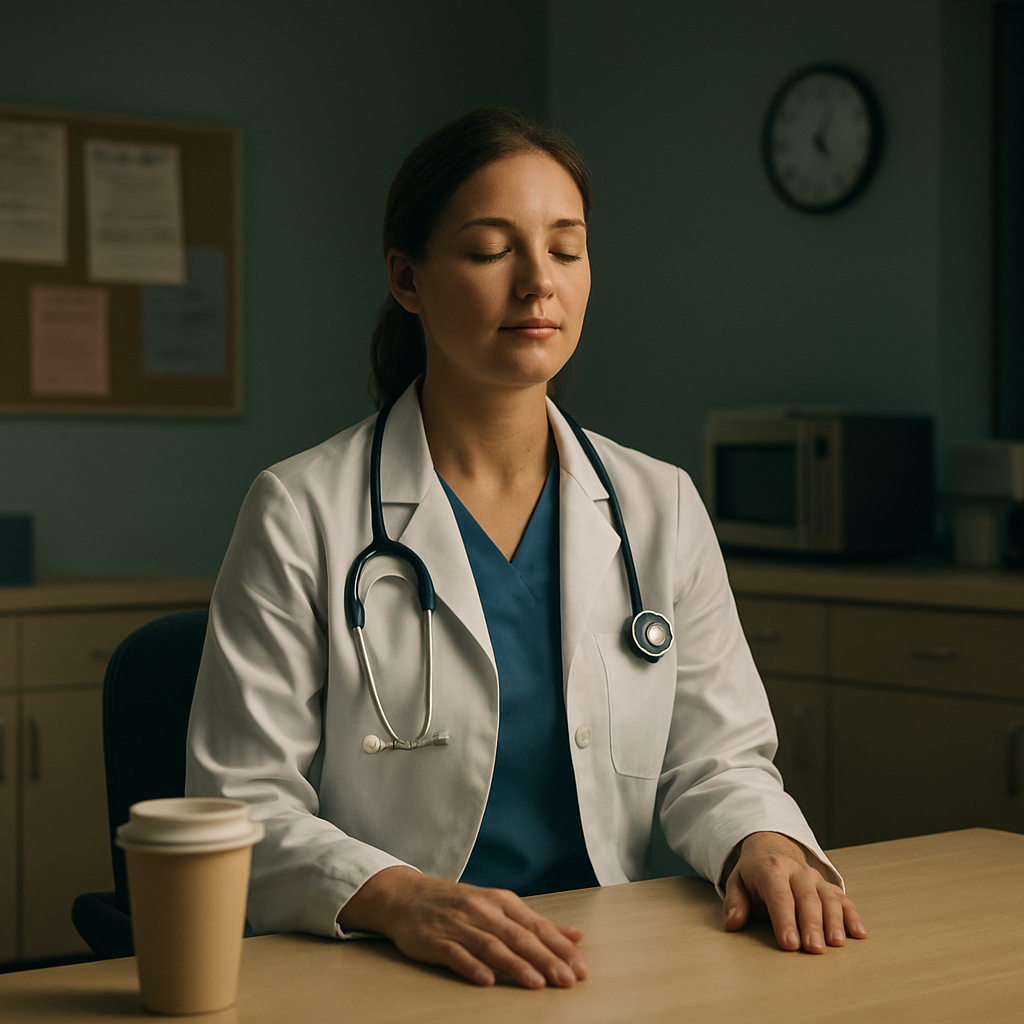 A calm hospital break room with a clinician sitting at a desk, eyes closed, hands resting on thighs, practicing 4‑7‑8 breathing. Alt: "4‑7‑8 breathing for anxiety in a clinical setting, promoting relaxation and focus."
