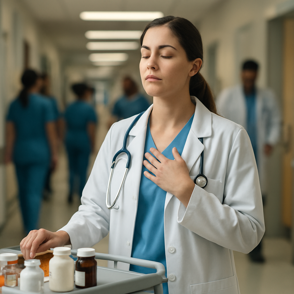 A clinician in a bustling hospital corridor pausing to place a hand on a medication cart while practicing 4‑7‑8 breathing, with a calm expression. Alt: 4‑7‑8 breathing for anxiety integrated into a busy healthcare routine.