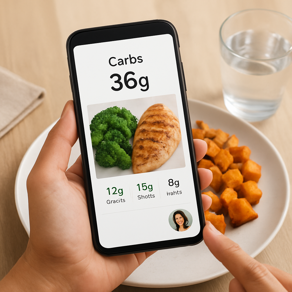 A photo of a person using a phone to snap a meal, with carb numbers overlayed. Alt: carb tracker app screenshot showing carbs per meal.
