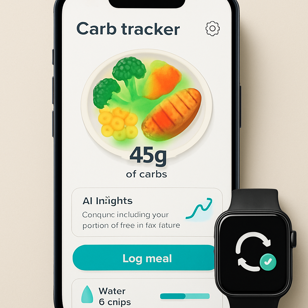 A smartphone screen displaying a carb tracker app with a colorful plate overlay, showing carb count, heatmap highlights, and a sync icon with a smartwatch. Alt: Carb tracker app screenshot with AI insights and device integration.