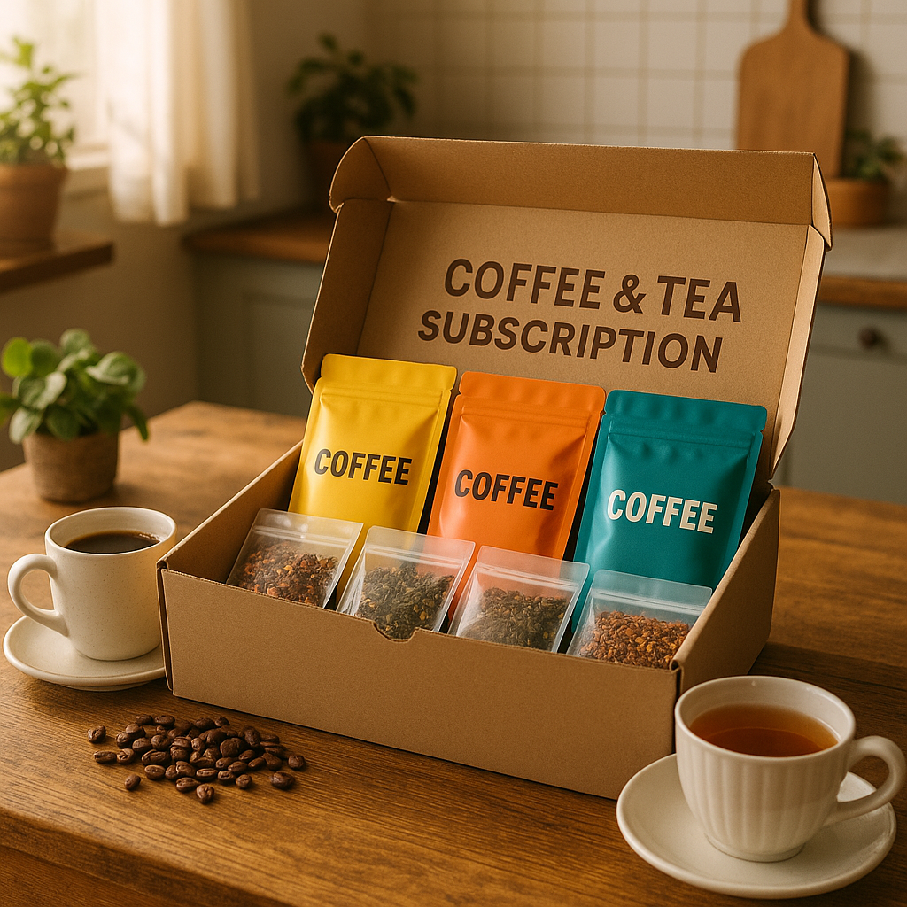 A cozy kitchen table with a fresh coffee and tea subscription box opened, showing vibrant coffee bags and assorted tea blends. Alt: Fresh coffee and tea subscription box delivery with assorted flavors and fresh roasted beans.