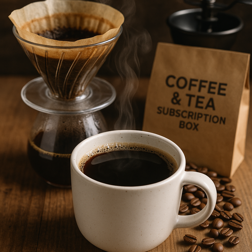 Close-up of a steaming cup of pour-over coffee made from fresh subscription beans, with gear in the background. Alt: Freshly brewed pour-over coffee using quality coffee and tea subscription box beans.
