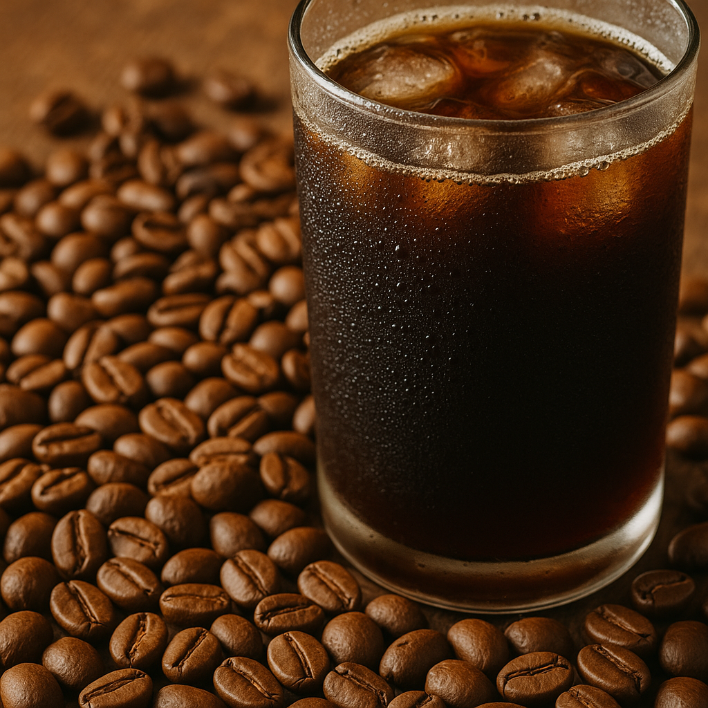 Close-up shot of fresh coffee beans and a glass of cold brew with condensation on the glass. Alt: Fresh roasted coffee beans and smooth cold brew from a coffee bean subscription.