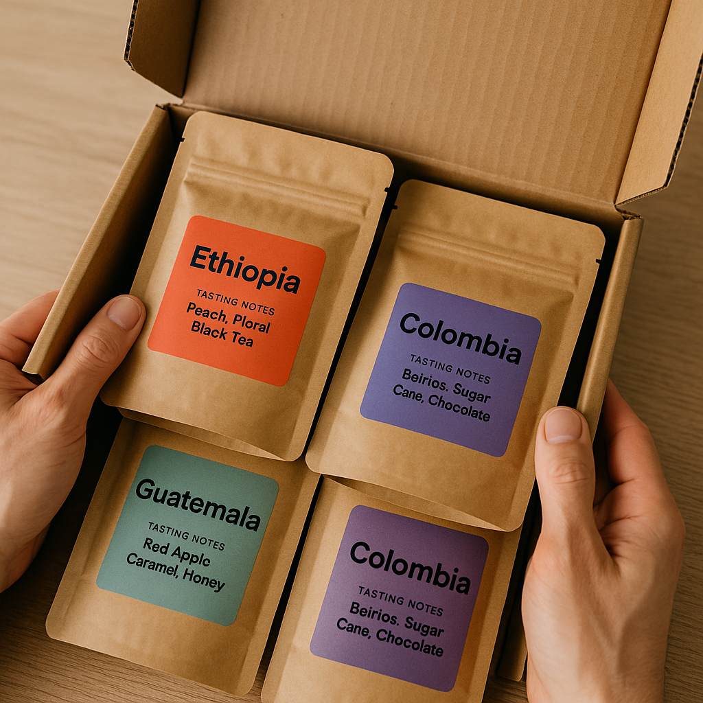 Hands opening a freshly delivered box of coffee bean subscription packages with colorful labels and detailed tasting notes. Alt: Fresh coffee bean subscription delivery with expert notes for flavor exploration.