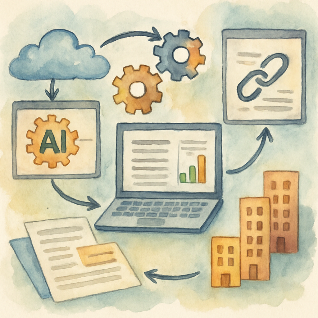 An AI-powered content engine and backlink network seamlessly automating marketing tasks for a growing business. Alt: Automated content marketing system optimizing articles and backlinks for SEO success.