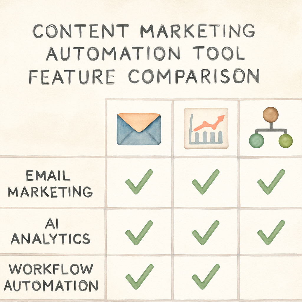 A comparison chart showing features of popular content marketing automation tools with visuals of emails, analytics, and workflow automation. Alt: Content marketing automation tool feature comparison chart with visual icons representing email marketing, AI analytics, and workflow automation.