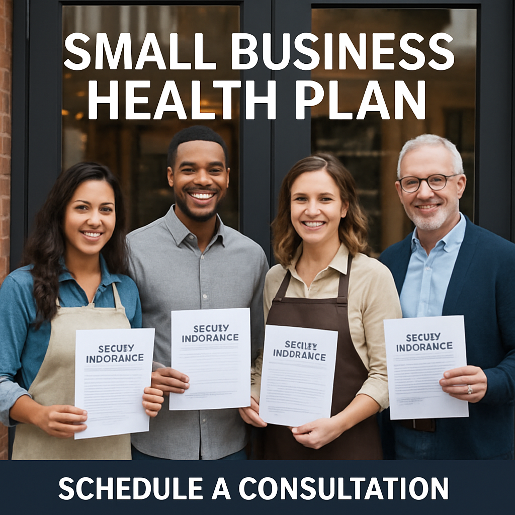 A group of diverse small‑business employees standing outside a storefront, smiling and holding health insurance documents. Alt: Small business health plan group image