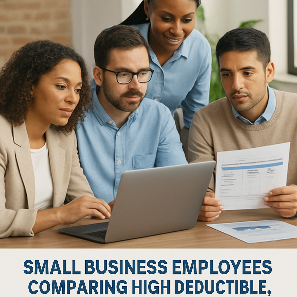 A diverse small business team reviewing health plan options around a laptop. Alt: Small business employees comparing high deductible, HMO, and PPO plans.