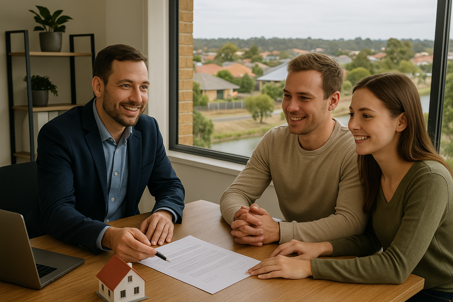 A friendly mortgage broker consulting with clients in an office, local Baldivis background. Alt: Home loan broker Baldivis guiding first home buyers.