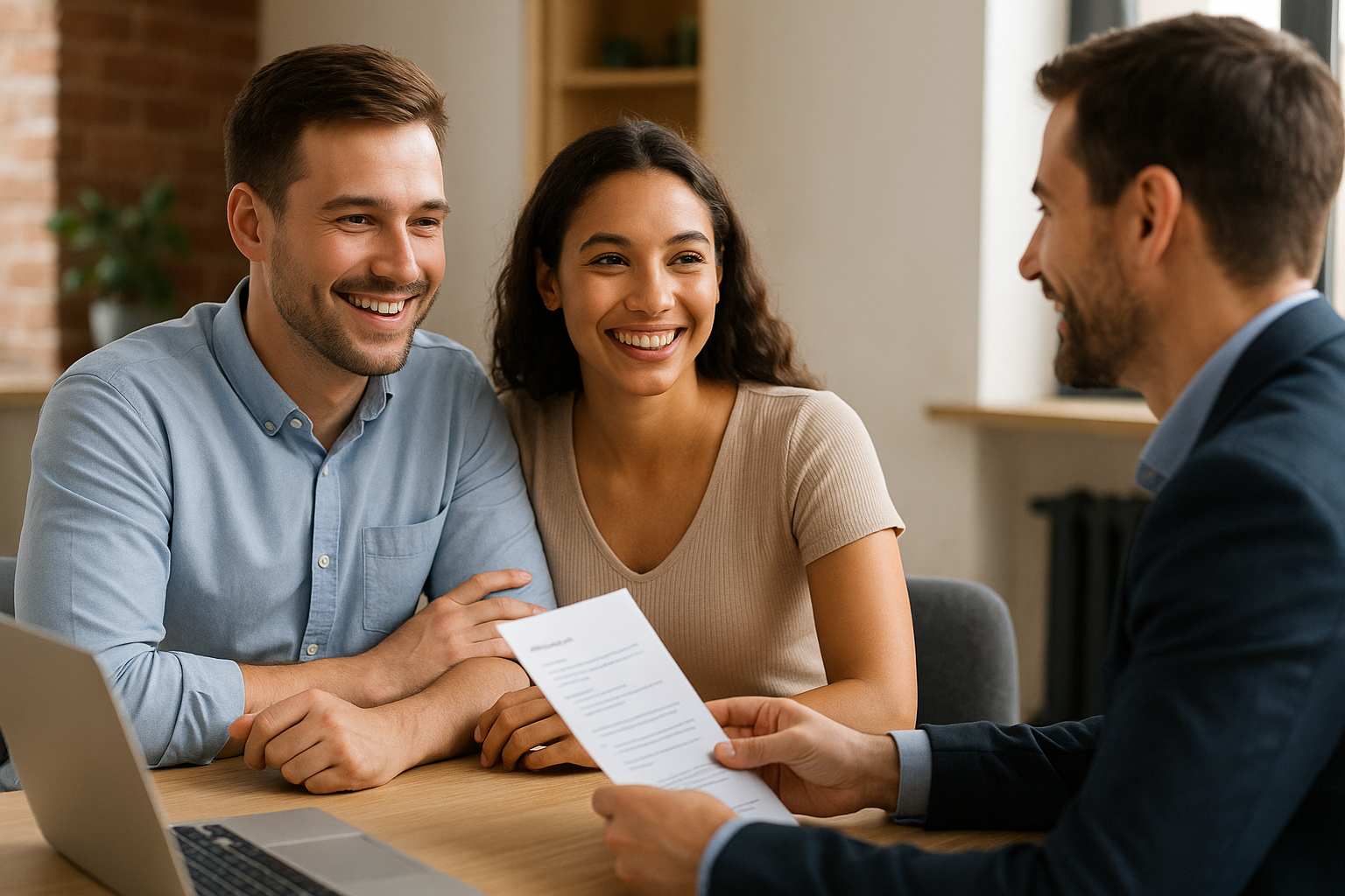 A smiling young couple receiving home loan advice from a broker in Wellard. Alt: Home loan broker Wellard assisting first home buyers with loan options.