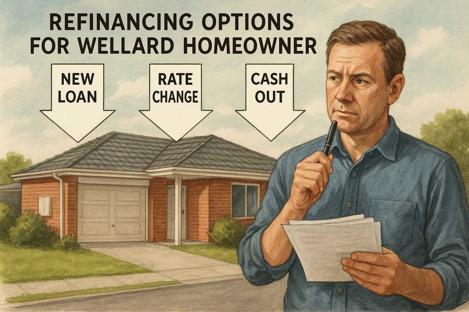 Illustration showing refinancing options for a Wellard homeowner. Alt: Visual guide to refinancing home loans in Wellard.