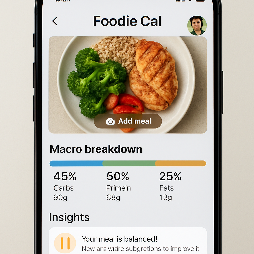 A close‑up of a smartphone screen showing Foodie Cal’s photo‑logging interface with macro breakdown. Alt: macro tracking app for weight loss screenshot.