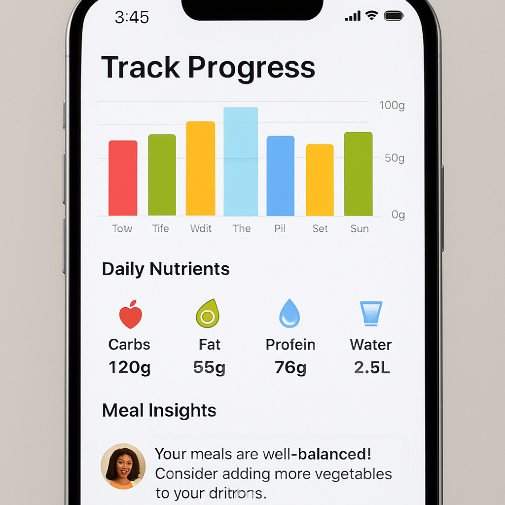 A phone screen showing a macro tracking app’s progress chart with colorful bars and a highlighted day, Alt: macro tracking app for weight loss progress view