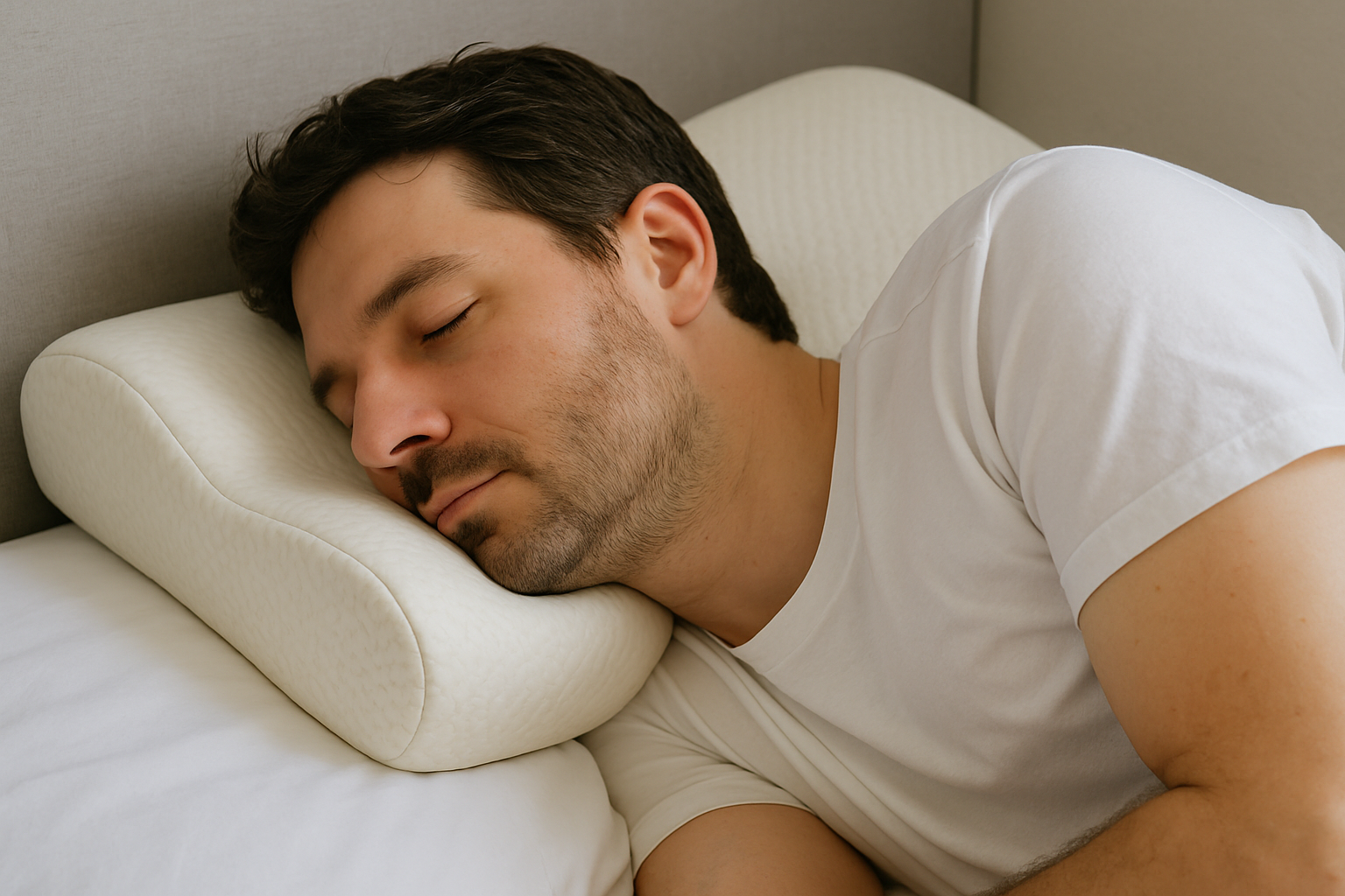 A side profile of a person sleeping using a contoured memory foam pillow. Alt: Side sleeper using memory foam pillow for neck pain relief.