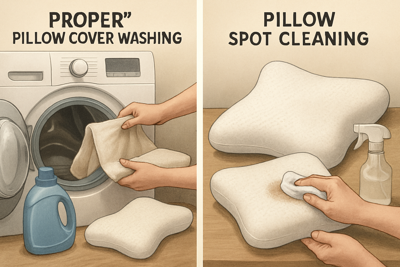 Bidirectional illustration showing proper pillow cover washing and pillow spot cleaning. Alt: Caring for memory foam pillow for neck pain maintenance guide.
