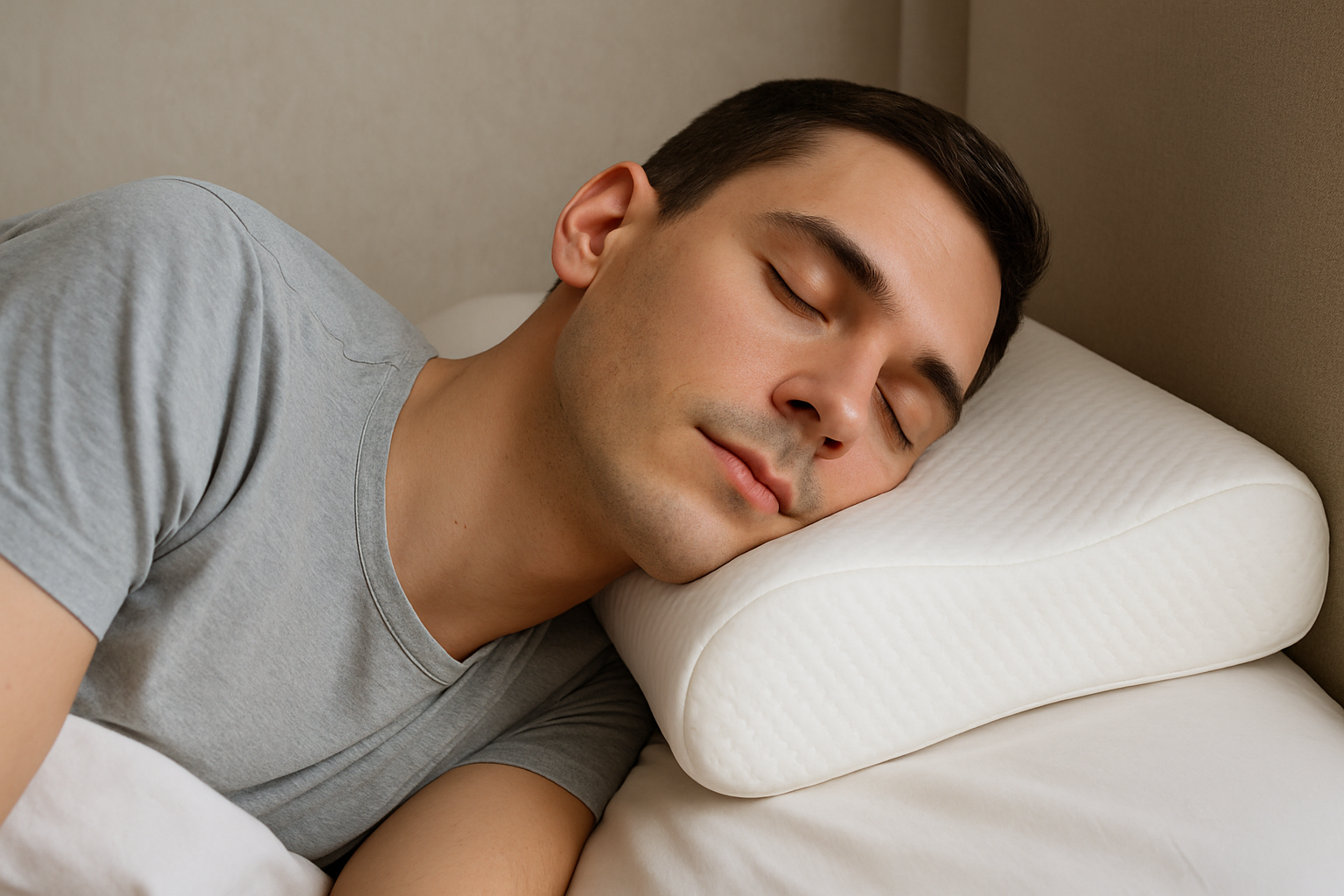 Person peacefully sleeping with memory foam pillow displaying perfect neck alignment. Alt: Improved sleep posture using memory foam pillow for neck pain relief.