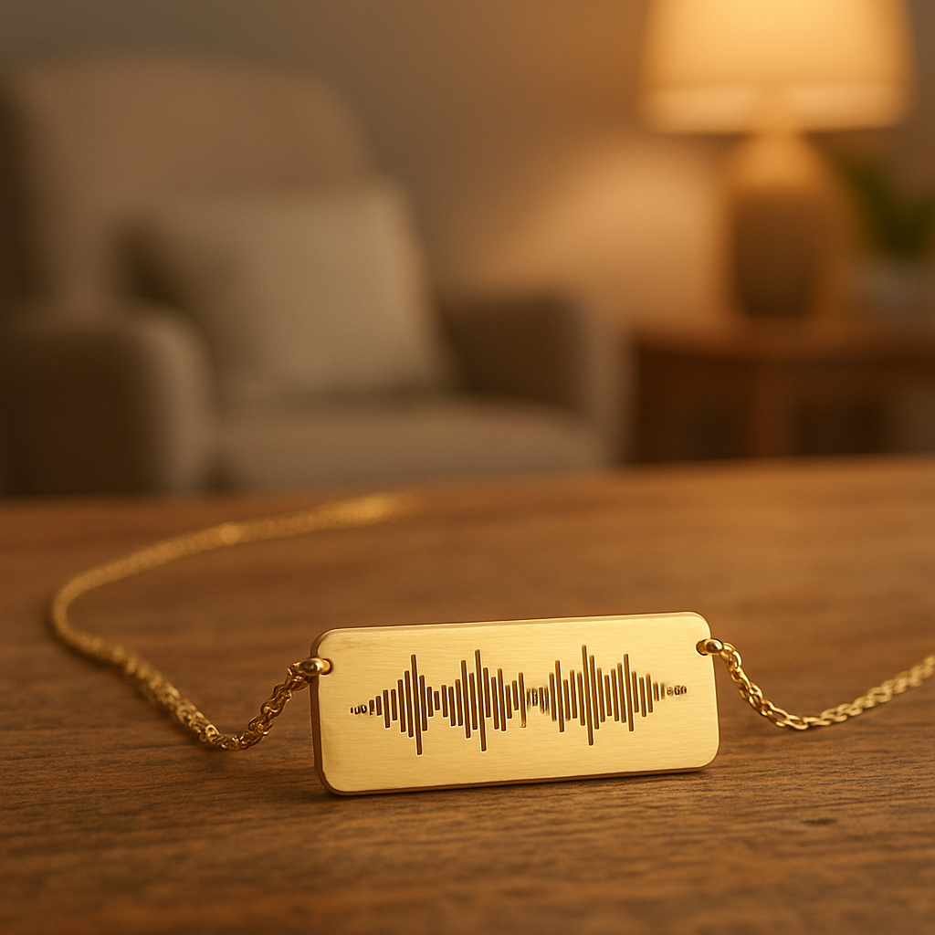 A close‑up of a personalized sound wave necklace lying on a wooden table, with a soft focus background of a cozy living room. Alt: personalized sound wave necklace, custom audio jewelry, keepsake gift.