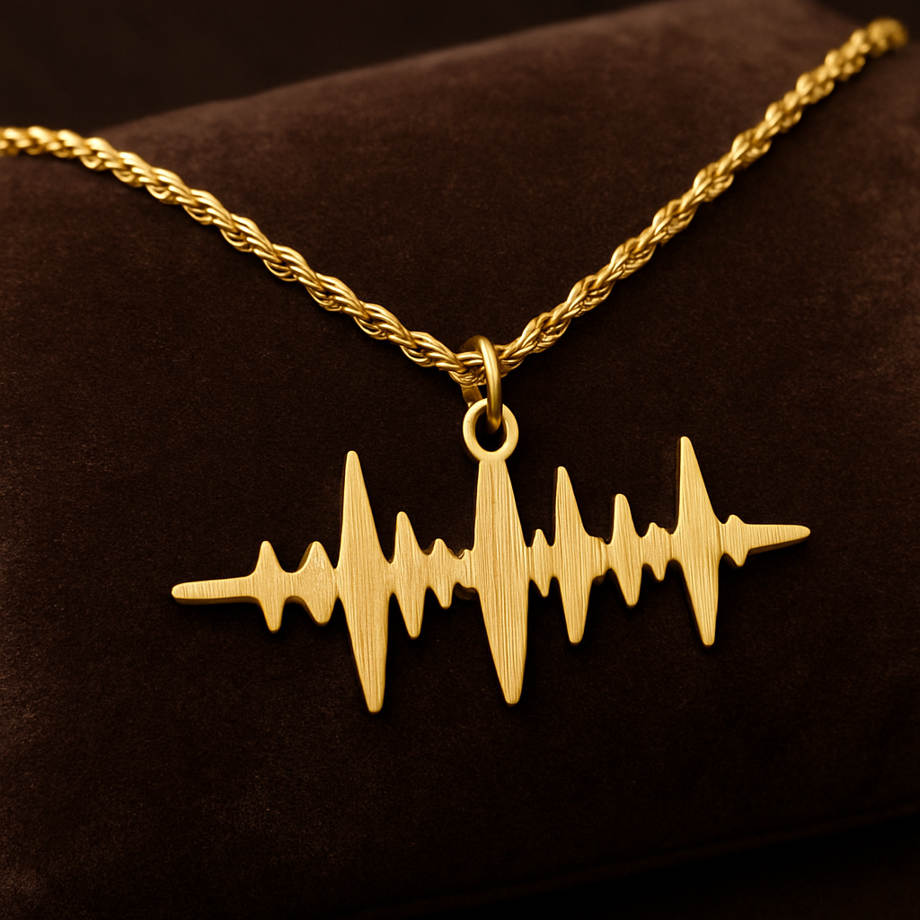A close‑up of a personalized sound wave necklace on a velvet cushion, showing brushed gold finish, a subtle diamond accent, and a rope chain. Alt: Customizable sound wave necklace with brushed gold pendant and rope chain.