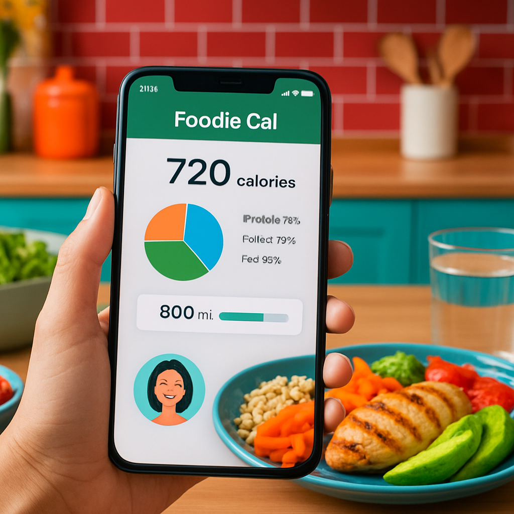 A vibrant kitchen counter with a smartphone snapping a colorful plate of food, showing the Foodie Cal app overlay with calorie breakdown. Alt: picture food diary app meal snap example