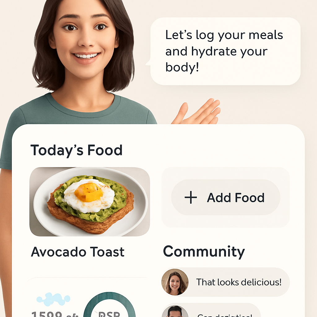 A friendly avatar guiding a user through a food diary, showing community chat bubbles and progress stats. Alt: picture food diary app avatar community interaction