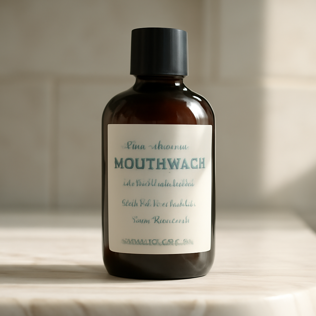 A close‑up of a sleek bottle of CBD‑infused mouthwash on a marble bathroom counter, with a soft natural light highlighting the label. Alt: Plaque removing mouthwash with CBD and Dead Sea minerals for healthy gums.