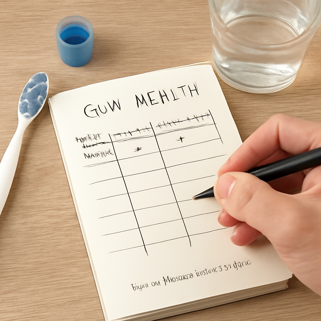 A close‑up of a hand writing a simple gum‑health tracking table in a notebook, with a toothbrush, mouthwash cap, and a glass of water on the desk. Alt: tracking gum health with plaque removing mouthwash