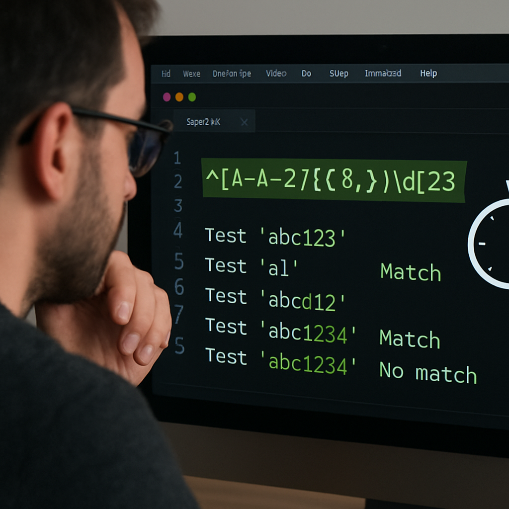 A developer reviewing a regex in a code editor, with highlighted test cases and a stopwatch icon indicating performance testing. Alt: