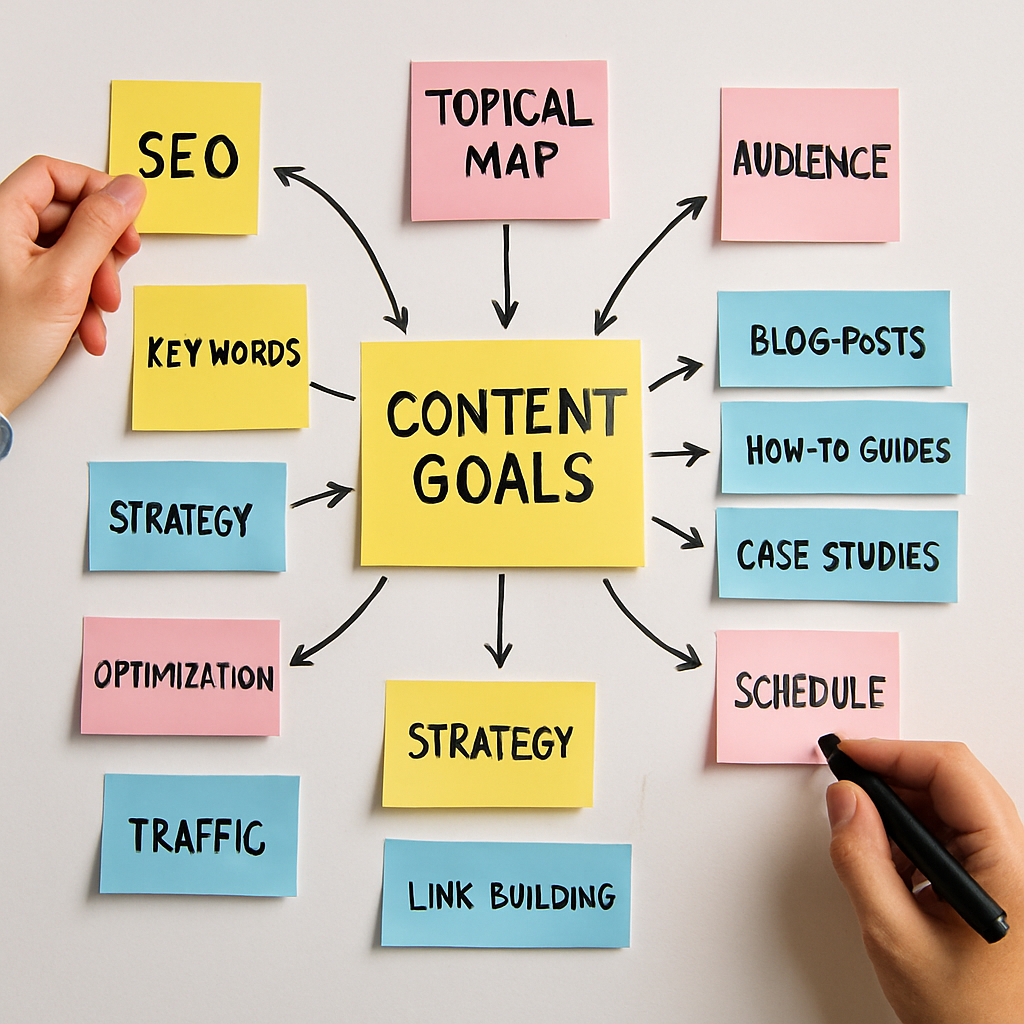 A visual of a brainstorming session with sticky notes forming a content goal map. Alt: Define content goals with topical map generator seo