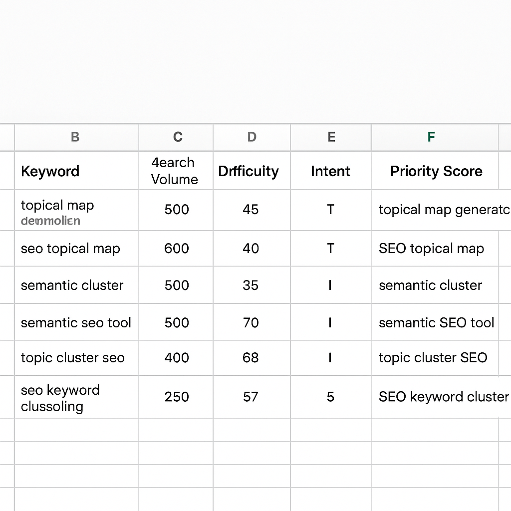 A clean spreadsheet with columns for Keyword, Search Volume, Difficulty, Intent, Priority Score, and Internal Link Anchor. Alt: Topical map generator SEO refined cluster spreadsheet showing intent and priority columns.