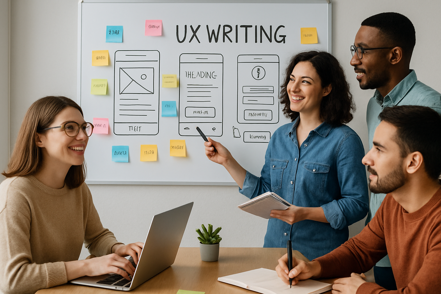 UX writing professional working with team on interface content. Alt: UX writing agency collaboration to improve user experience.