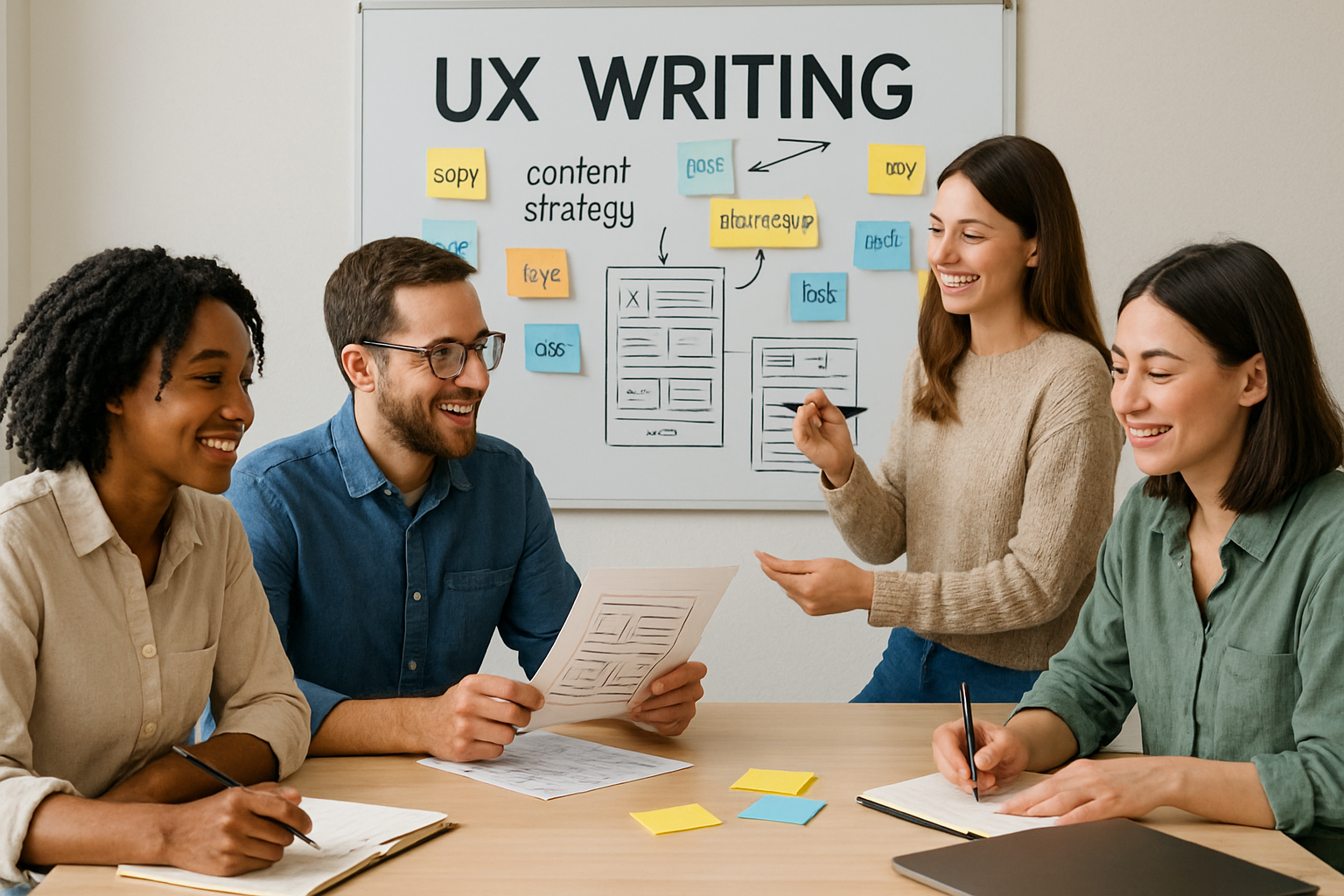 Team of UX writers brainstorming content strategy. Alt: UX writing agency team collaborating on microcopy and UX design.