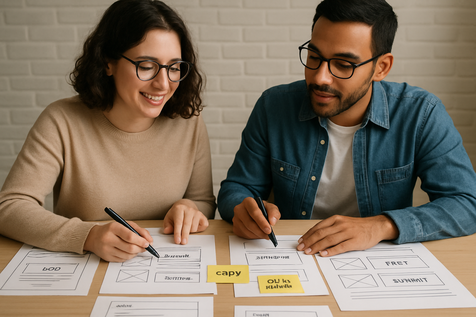 Designer and UX writer collaborating over prototypes and copy. Alt: UX writing agency teamwork crafting user-friendly microcopy.