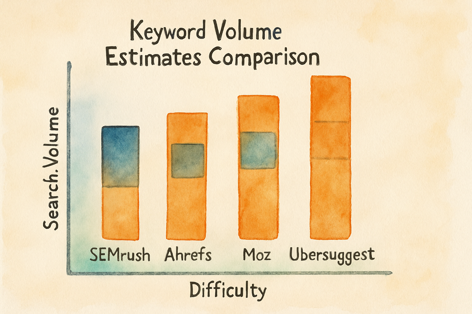 Visualization of keyword volume estimates comparison across SEMrush, Ahrefs, Moz, Ubersuggest. Alt: Comparison of SEMrush keyword accuracy metrics showing search volume and difficulty ranges.