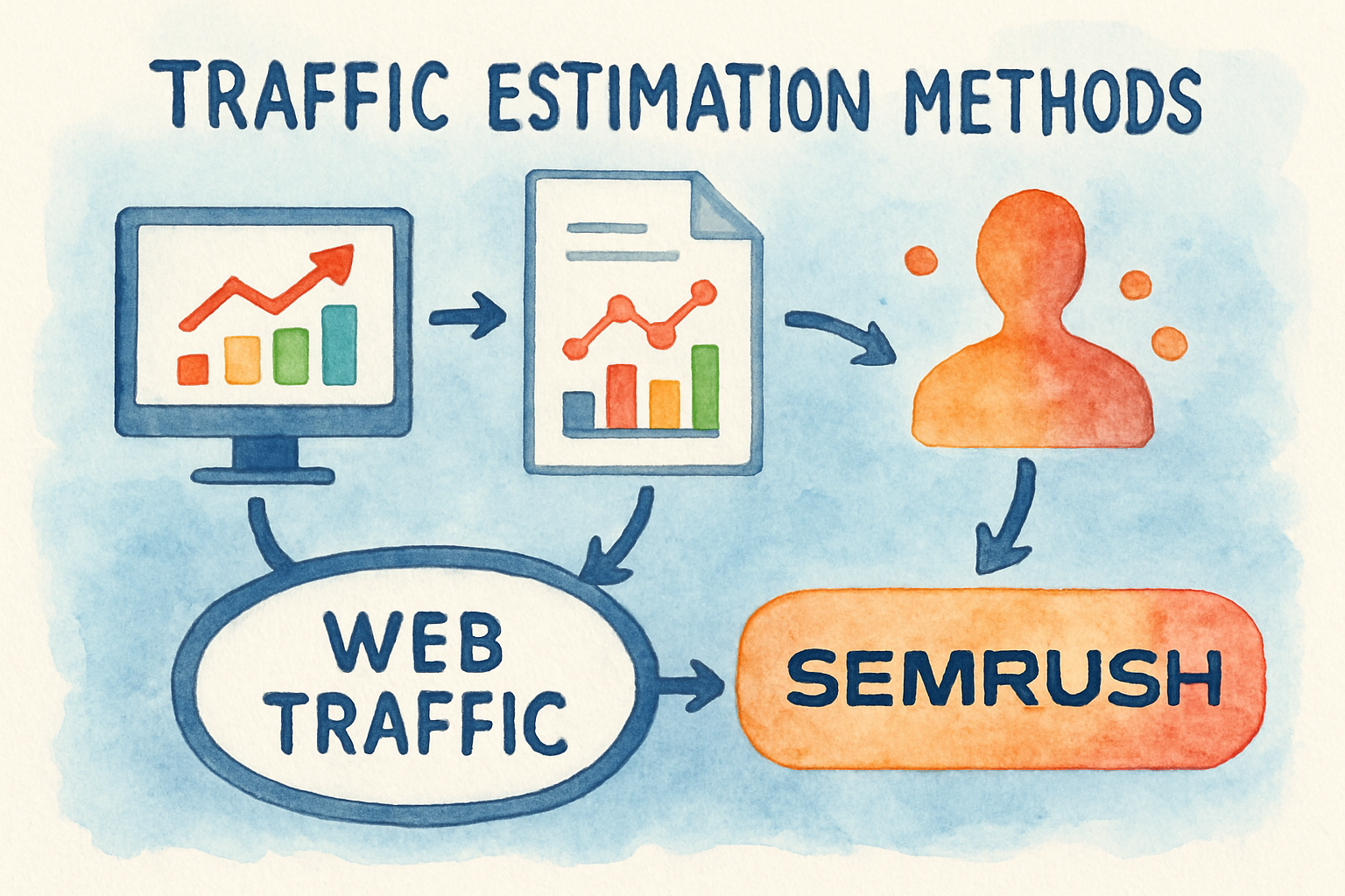 Abstract concept image illustrating traffic estimation methods in SEO tools like SEMrush. Alt: Illustration showing flow of web traffic data used for SEMrush accuracy evaluation.