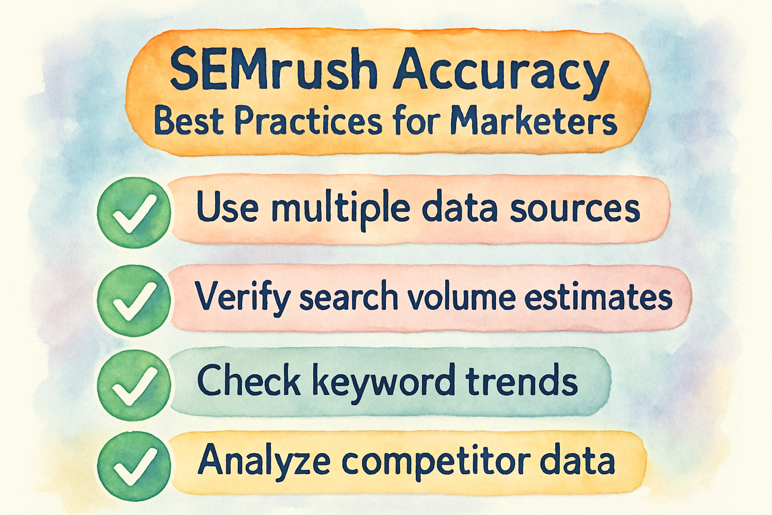Checklist infographic showing SEMrush accuracy best practices for marketers. Alt: Best practices for how accurate is SEMrush data usage in SEO strategies.