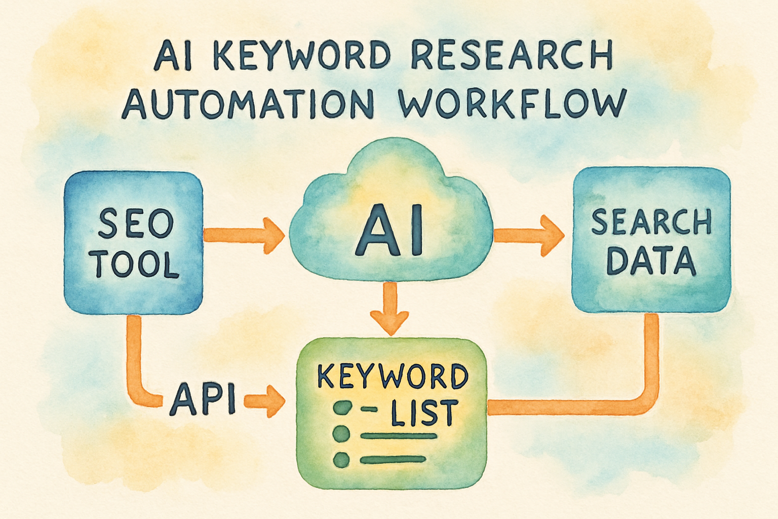 Visual diagram of an AI keyword research automation workflow. Alt: AI based keyword research automation workflow illustrating API integration and data flow for SEO optimization.